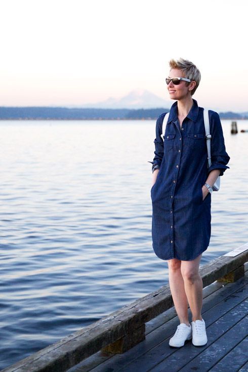 denim dress with white sneakers
