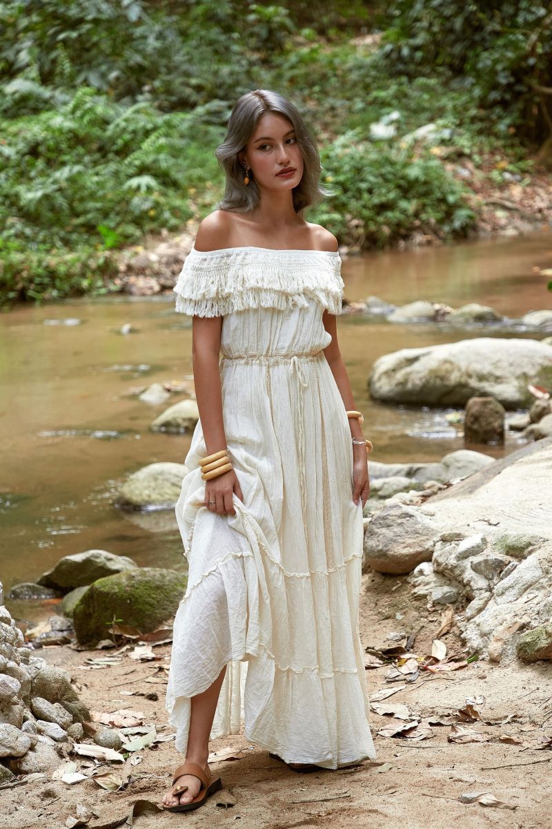 fringe trim boho maxi dress