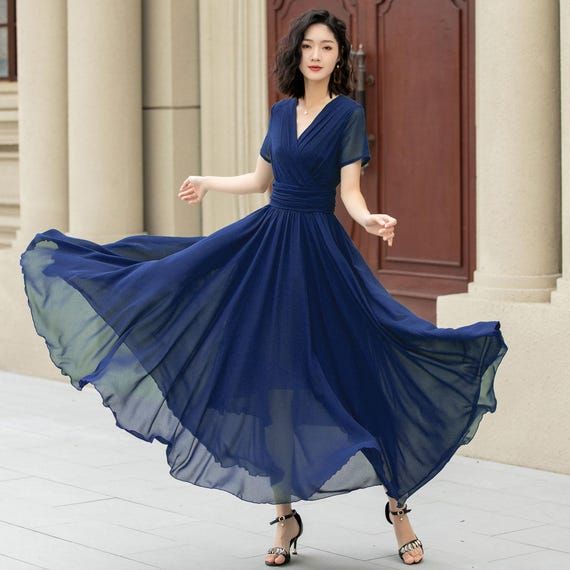 navy chiffon evening gown flowy
