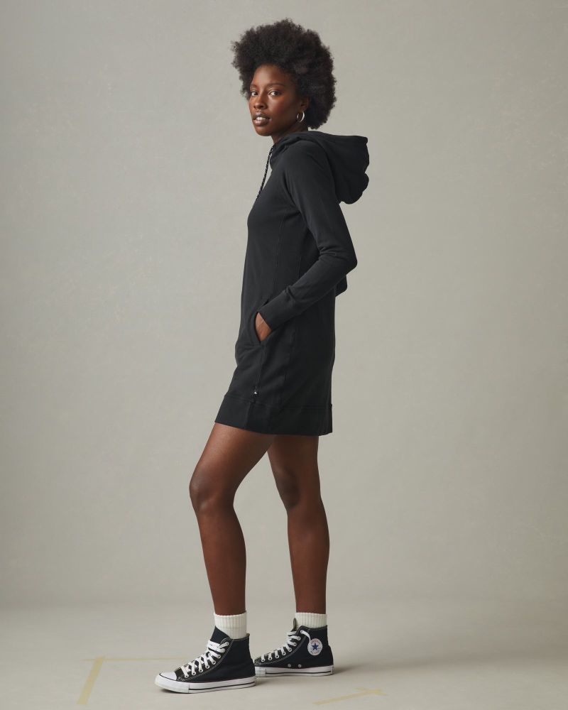 black hoodie dress with sneakers