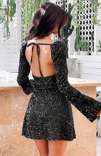 black sequin dress long sleeve